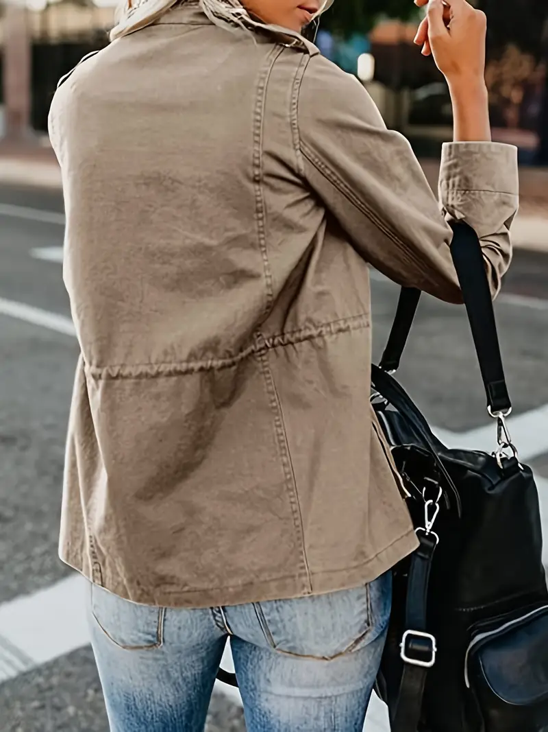 solid stand collar long sleeve pockets jacket winter warm zipper button casual outerwear womens clothing khaki 1