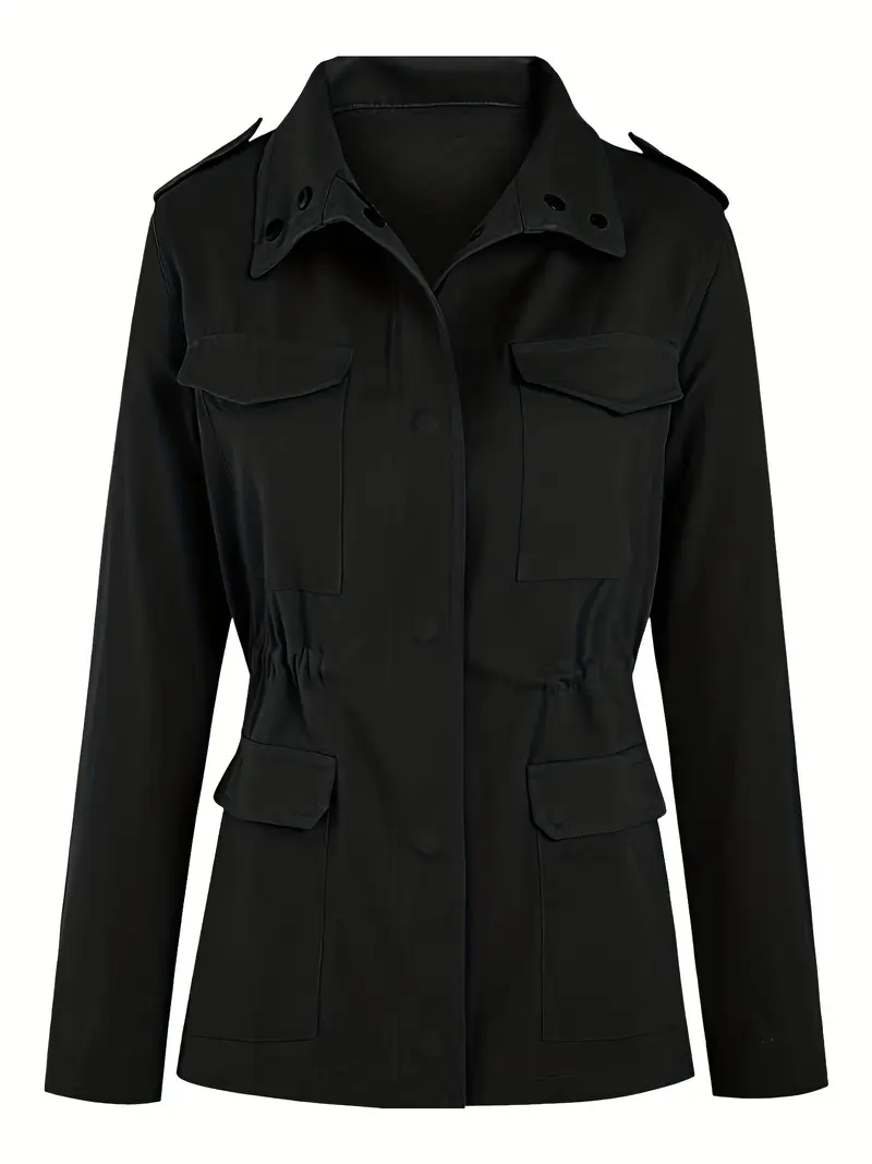solid stand collar long sleeve pockets jacket winter warm zipper button casual outerwear womens clothing black 1